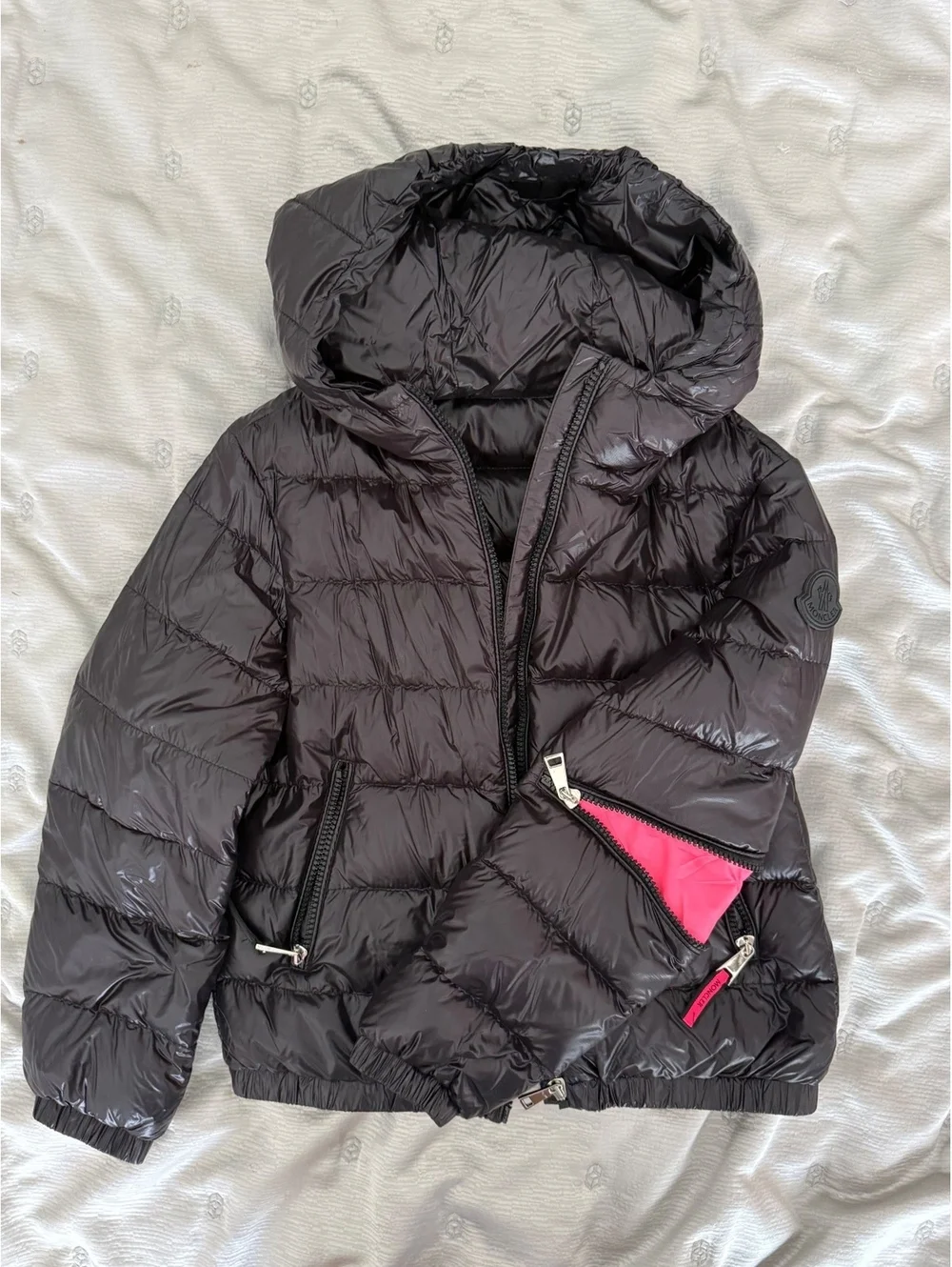 Moncler Girls Black Lightweight Down Puffer Jacket Hooded Pink Zip Size 10Y